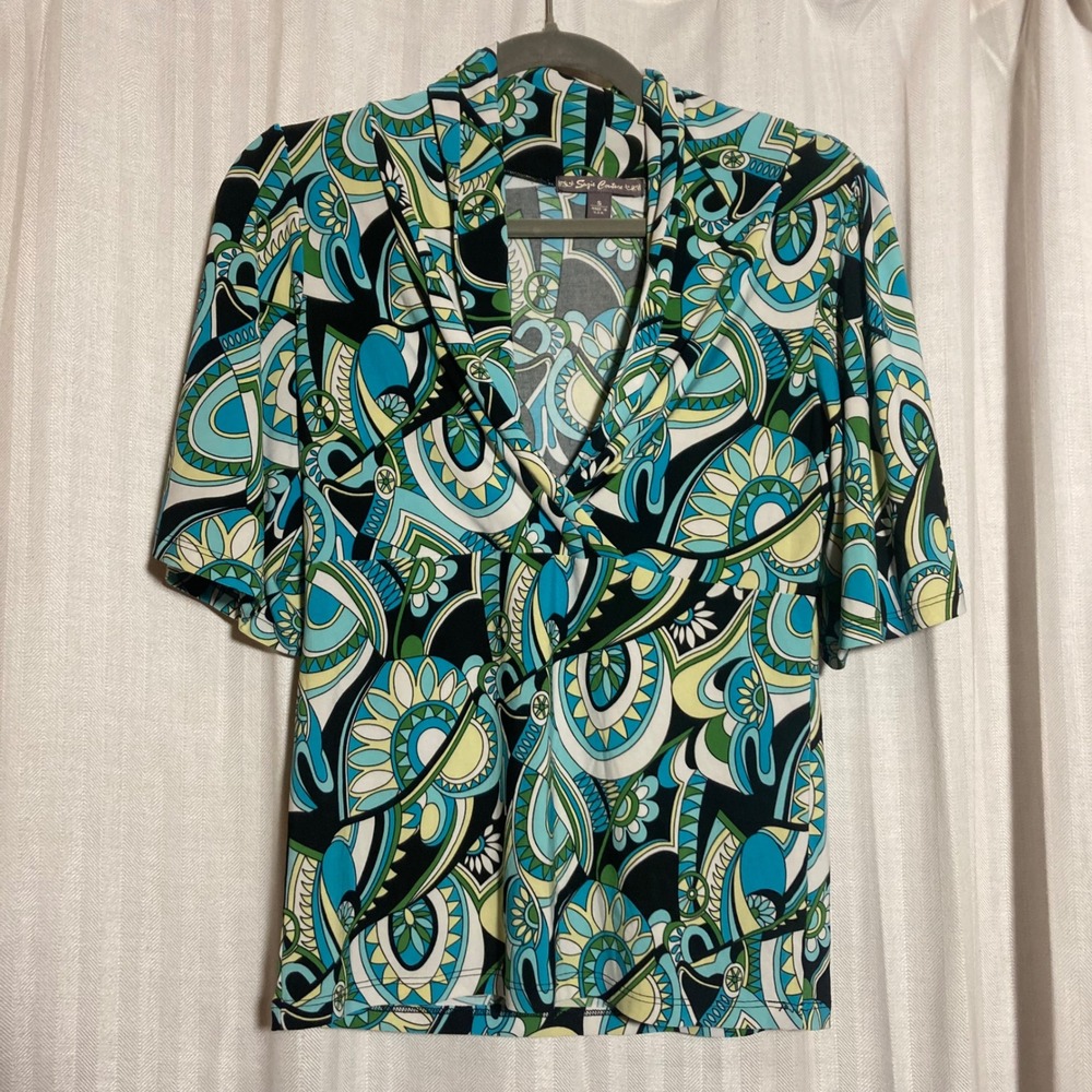 Retro Mod Inspired Paisley V-Neck Blue Green Twist Front Blouse USA Psychedelic